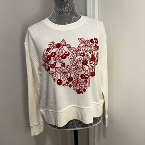 NWT Women’s Cream Pullover Red Velvet Aplique Heart, Cherry, Ladybug, Leaf Small